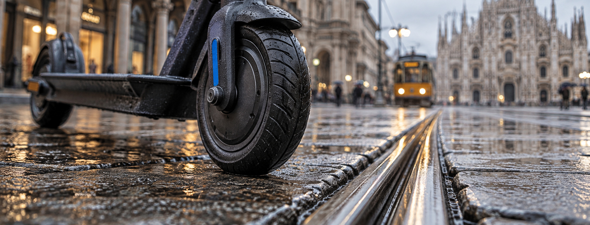 La ruota di un monopattino a pochi centimetri da un binario del tram sul pavé bagnato, con il Duomo di Milano sullo sfondo