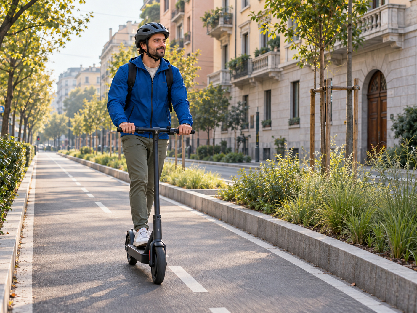 Un ragazzo in monopattino elettrico su una pista ciclabile alberata, con il casco