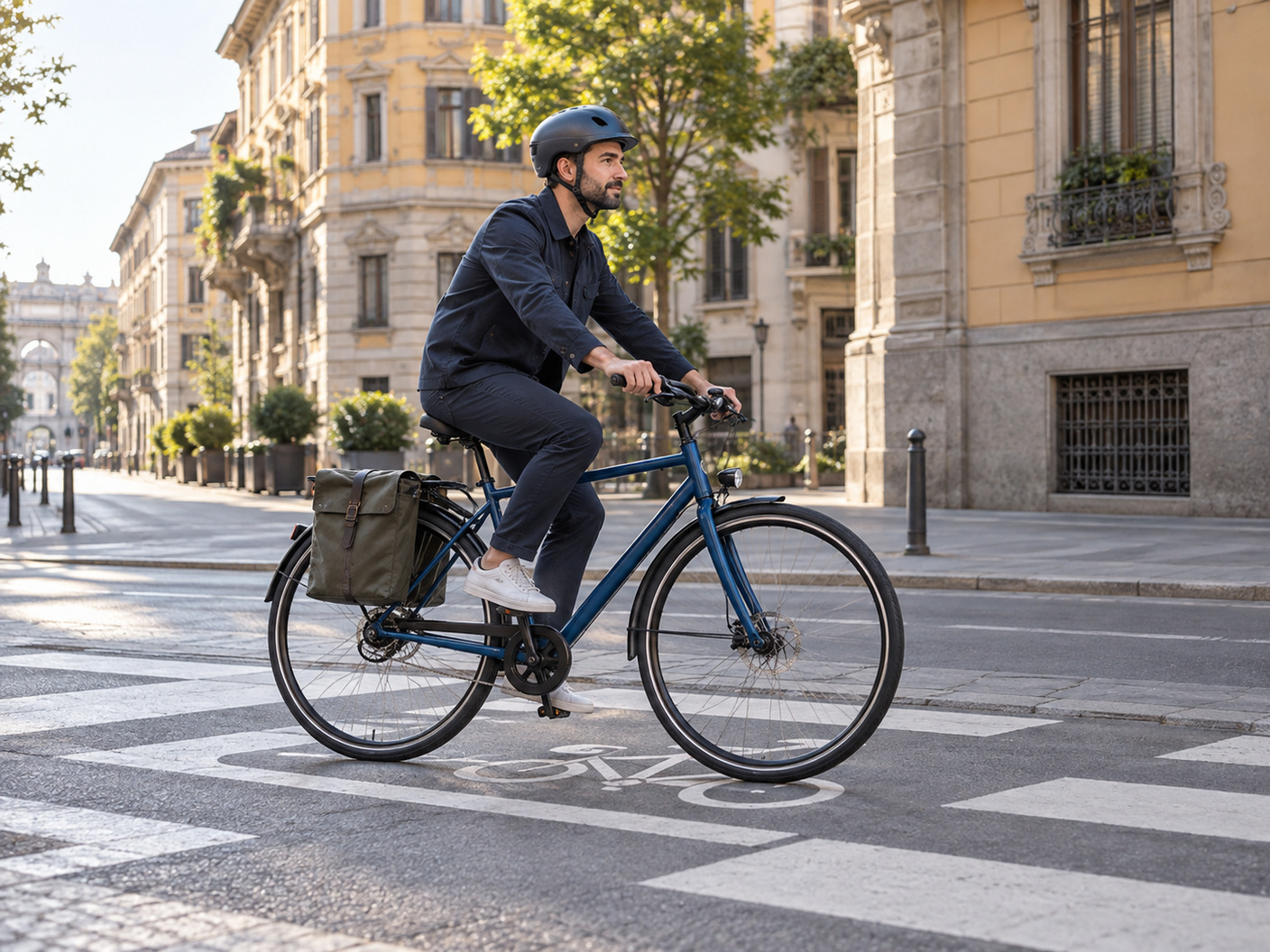 Un ciclista con borsa da lavoro attraversa un incrocio sulle strisce della ciclabile
