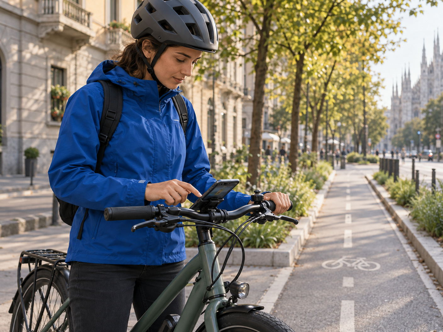 Una ragazza con il casco controlla il telefono fissato al manubrio prima di partire