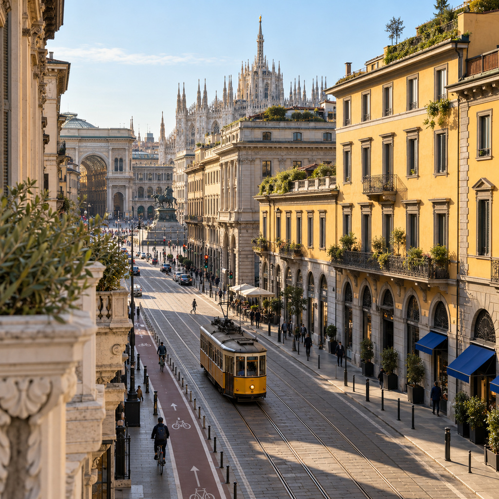 Un tram arancione percorre una via del centro di Milano, con il Duomo in fondo