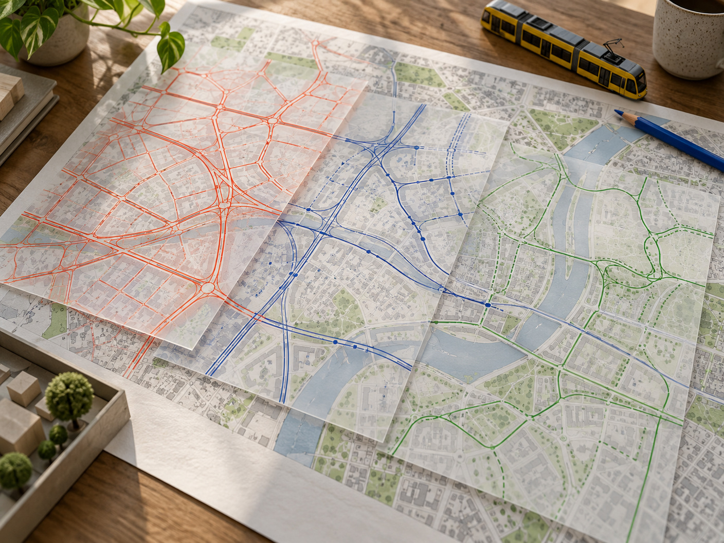Fogli trasparenti con strade, linee del tram e aree verdi sovrapposti su una mappa della città, con un tram in miniatura