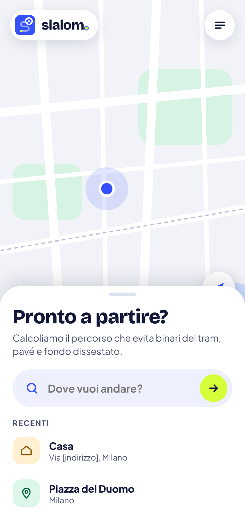 Schermata Esplora di Slalom: «Pronto a partire?» e il campo «Dove vuoi andare?»